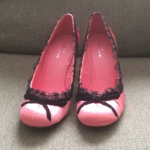 Pink & black satin & lace heels
